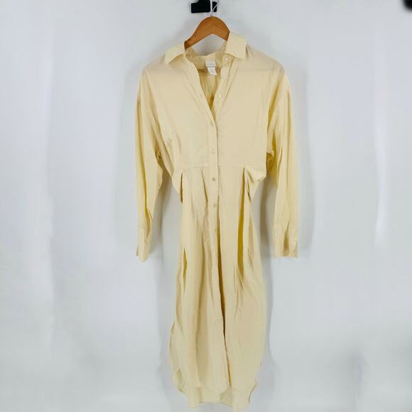 H&M Cream Button Front Midi Dress XS Long Sleeve Collared Tie Back Flowy - Picture 1 of 7